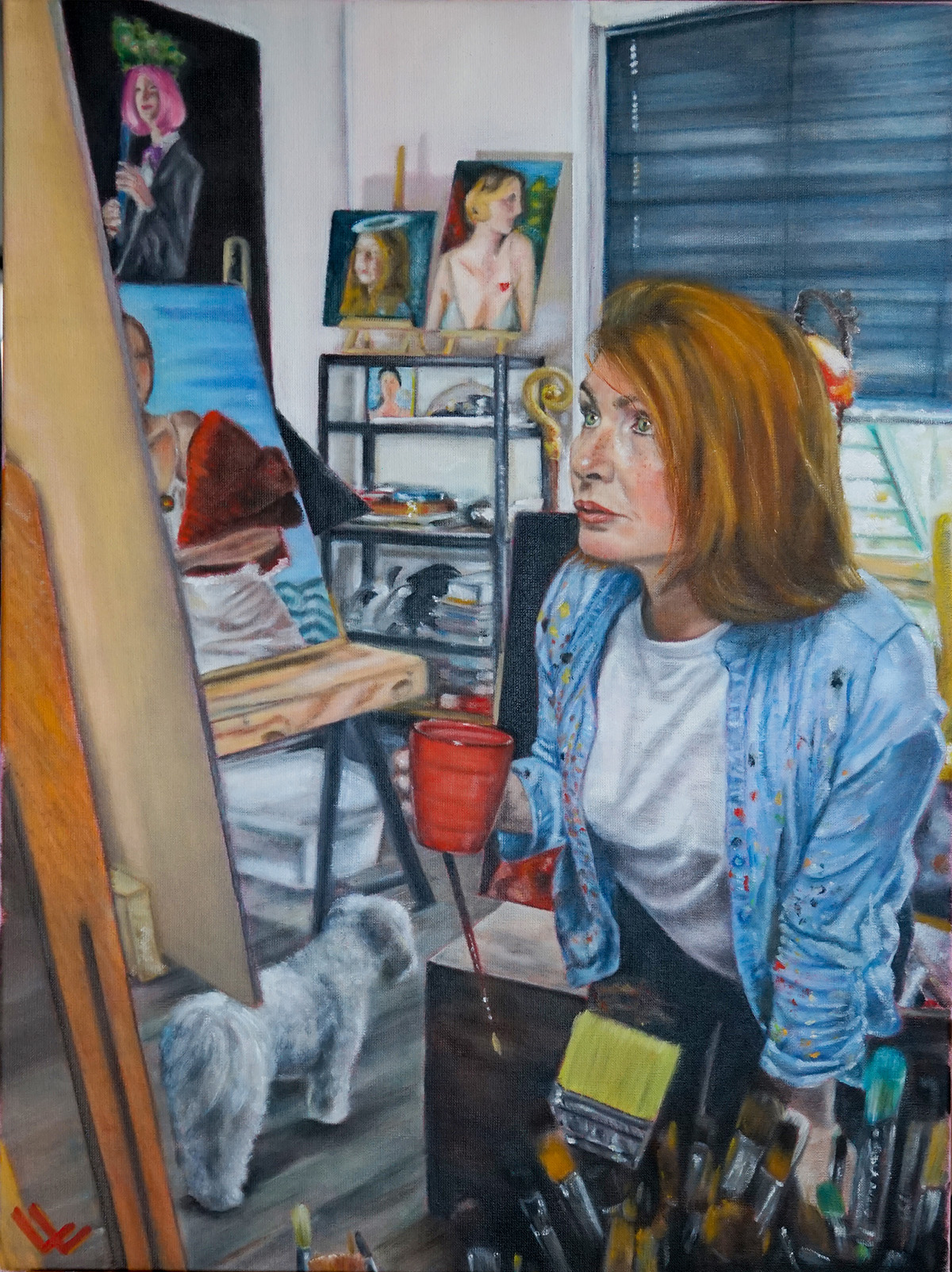 oil painting of self-portrait of the artist in her studio, surrounded by paintings of her paintings