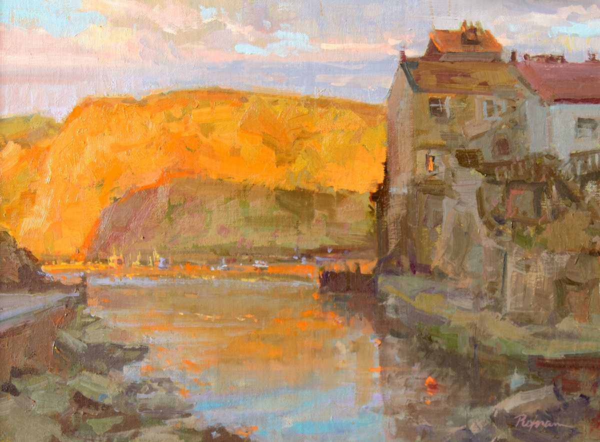 oil painting of sunset over water with a house on the clif on right side