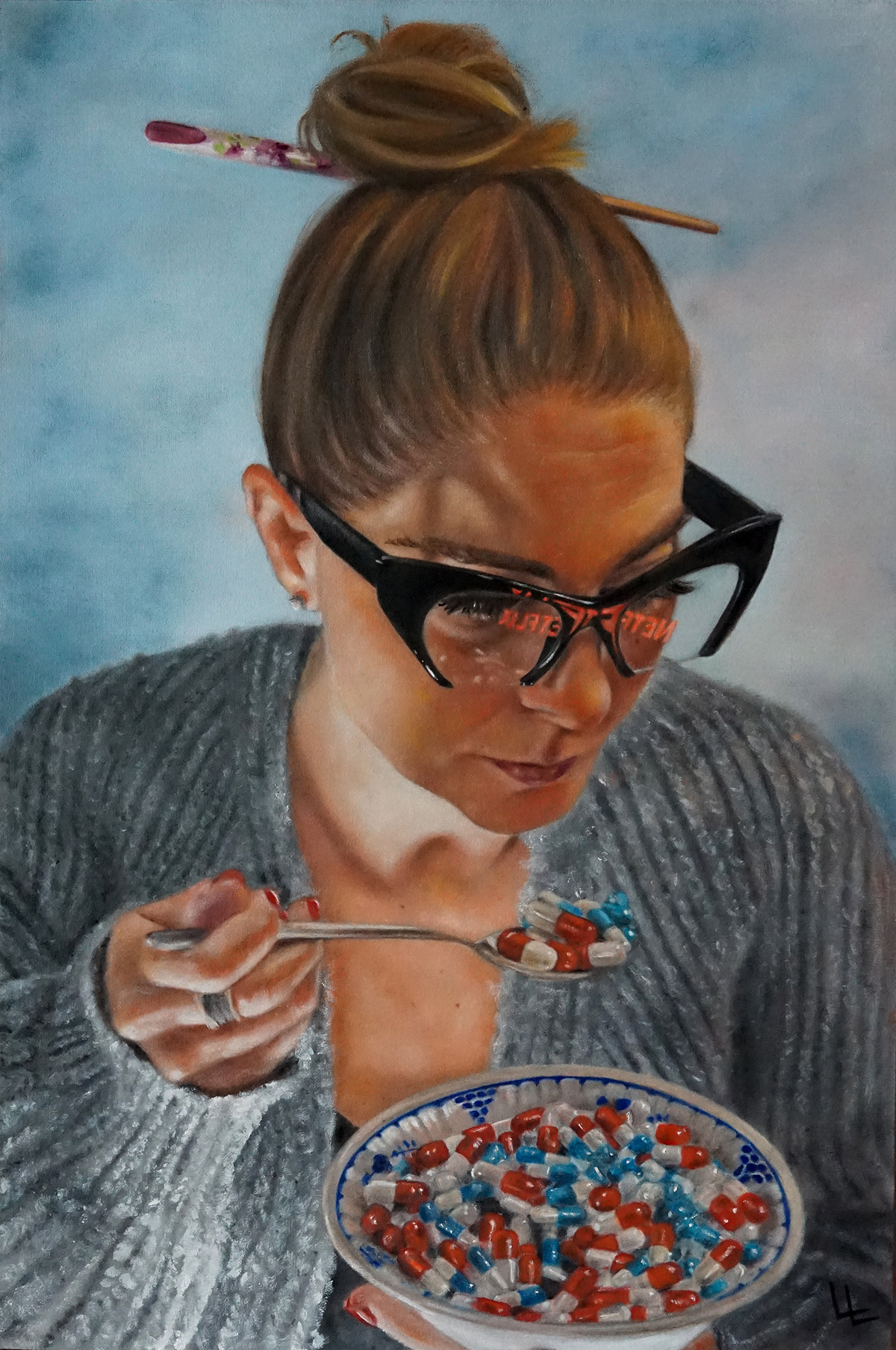 oil painting of woman eating. she is looking down, wearing glasses; blue background