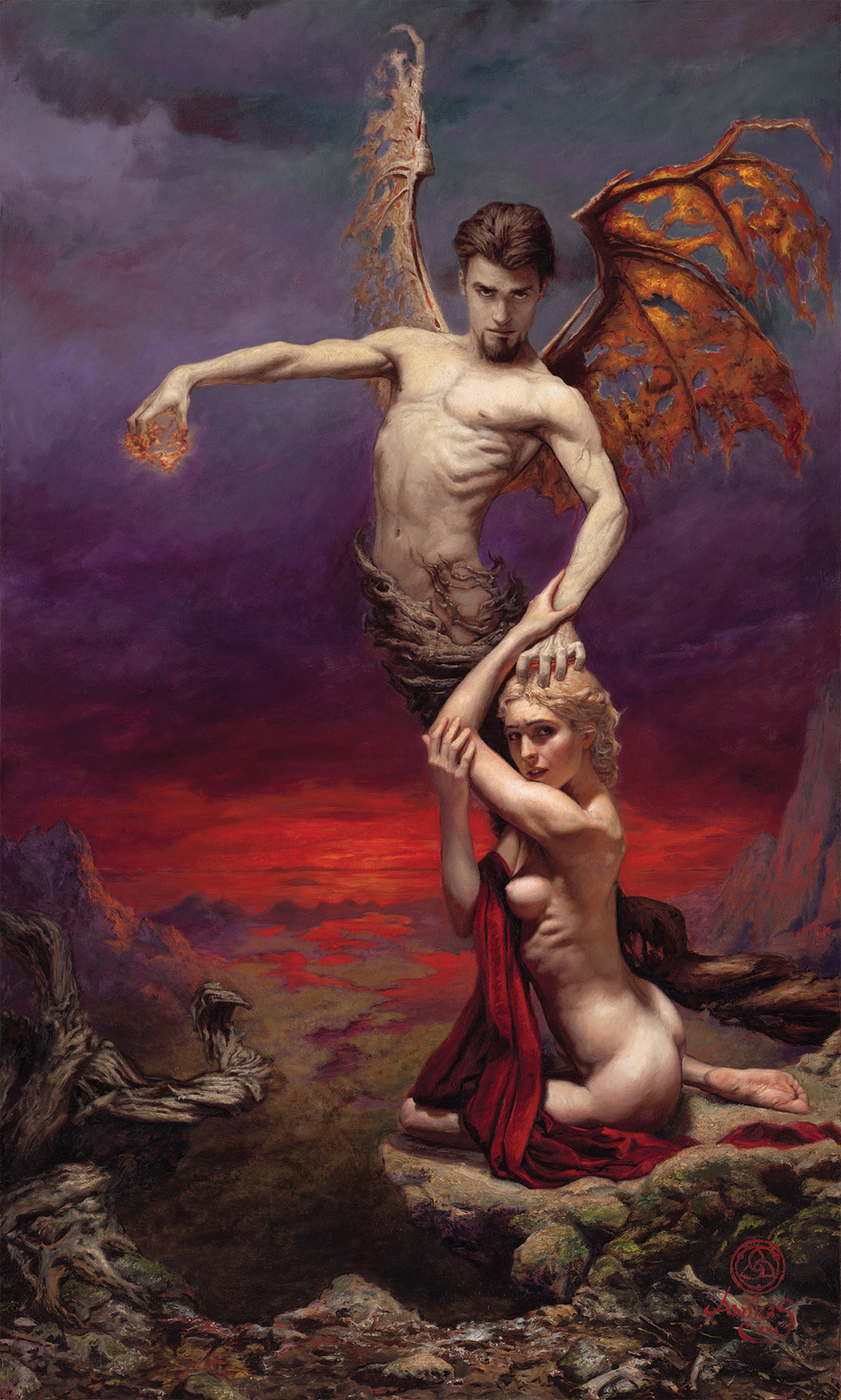 oil painting of man and woman. woman holding onto man, man has wings and holding fire ball in right hand; both nude, woman partially covered with red drapery