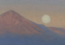 Featured Artwork: Susan Hediger Matteson oil painting of sun setting behind a mountain range with field of green in the foreground
