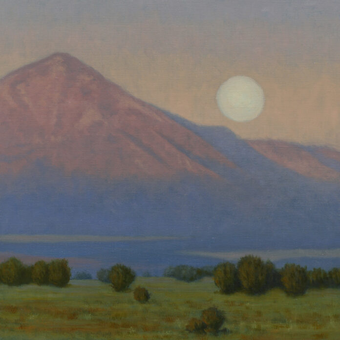 oil painting of sun setting behind a mountain range with field of green in the foreground