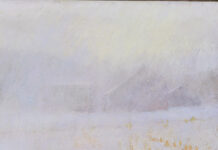 Featured Artwork: Carol Strock Wasson pastel painting of flurry; barely see the field and house in the distance because of white over canvas