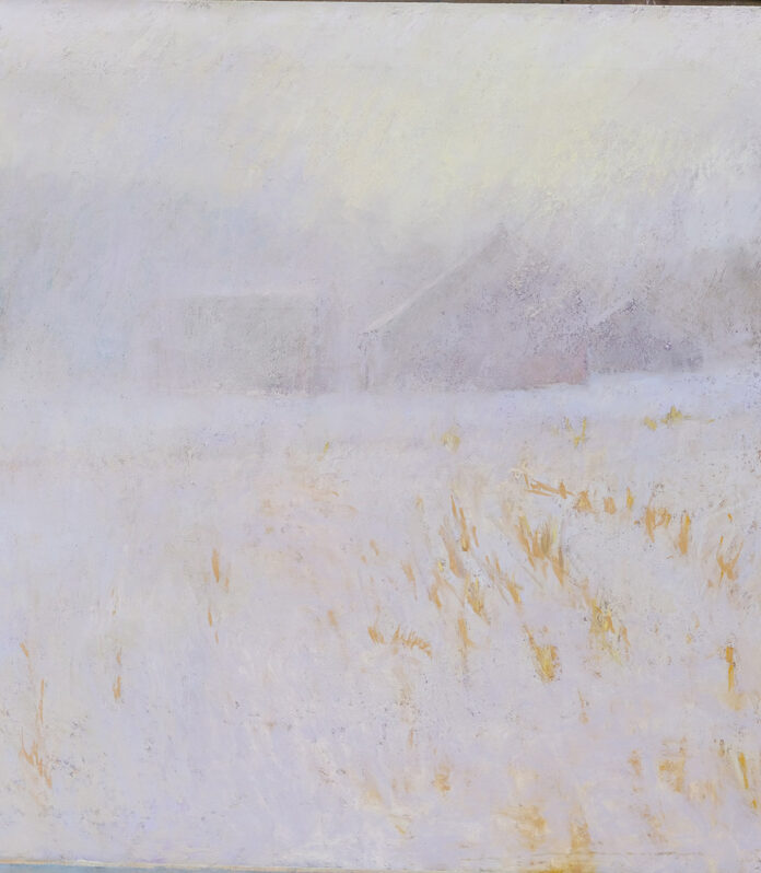 pastel painting of flurry; barely see the field and house in the distance because of white over canvas