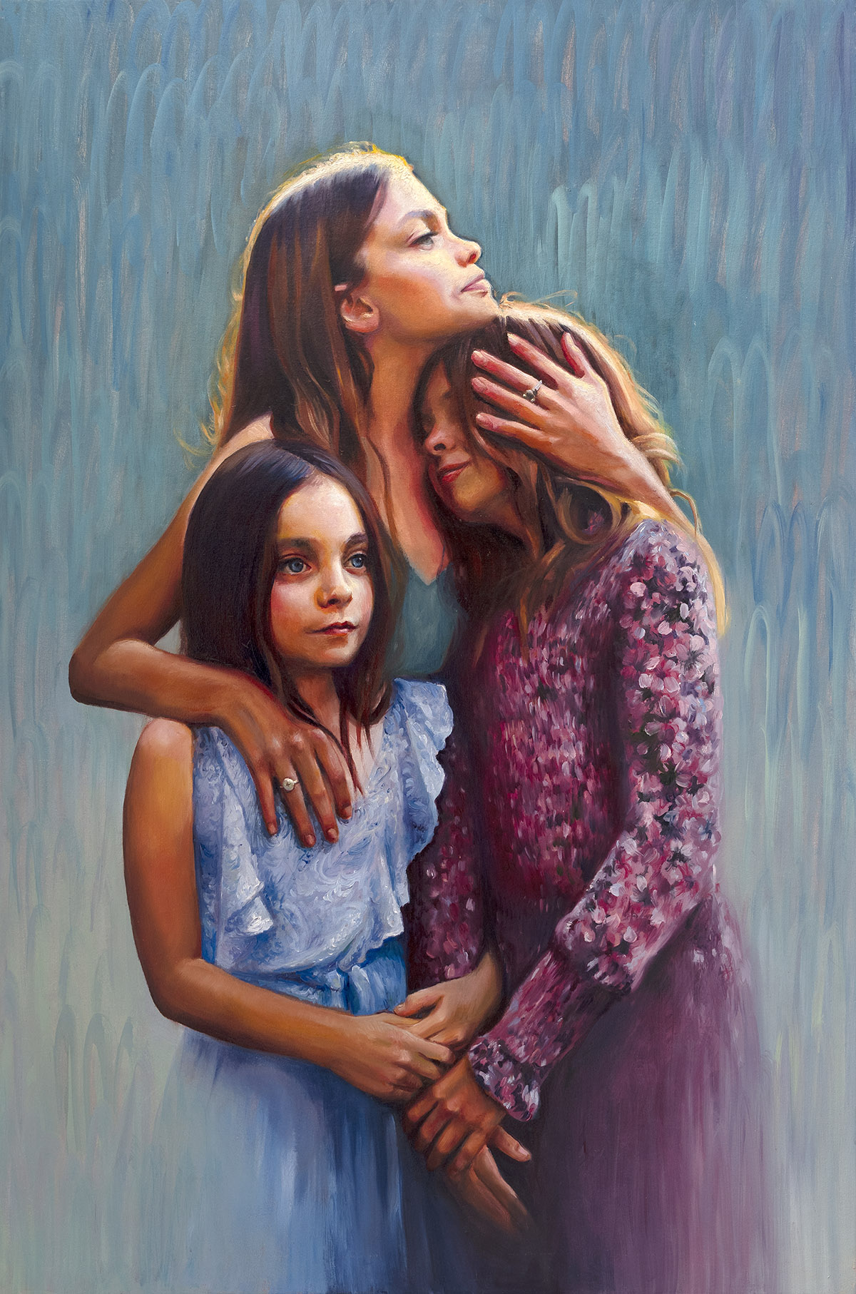 oil painting of a mother embracing her two young daughters