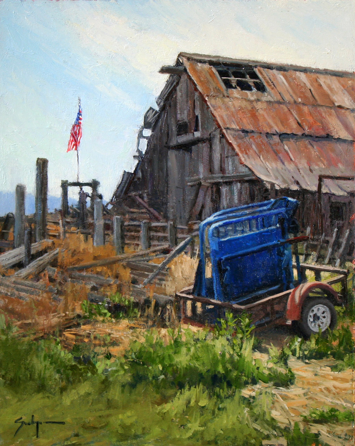 oil painting of an old barn with a blue gate in the foreground, on the right side
