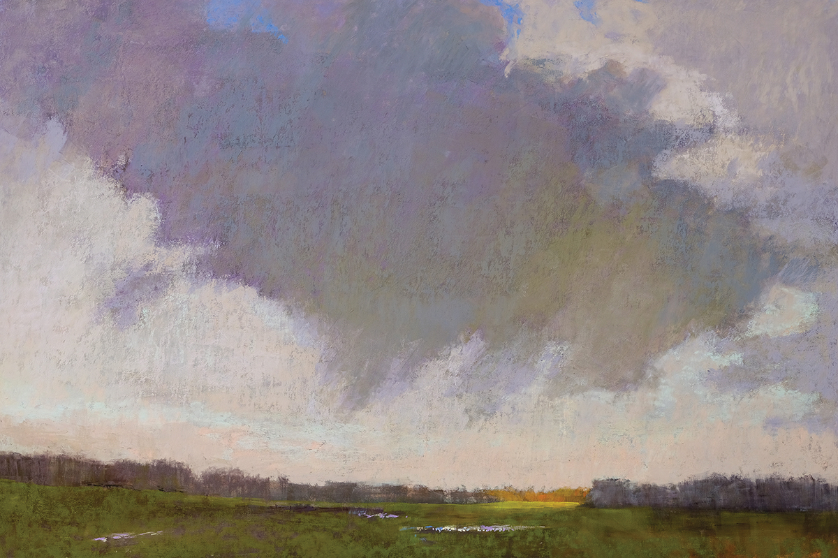 pastel painting of a sky painting with some green field showing in the foreground; purple hues