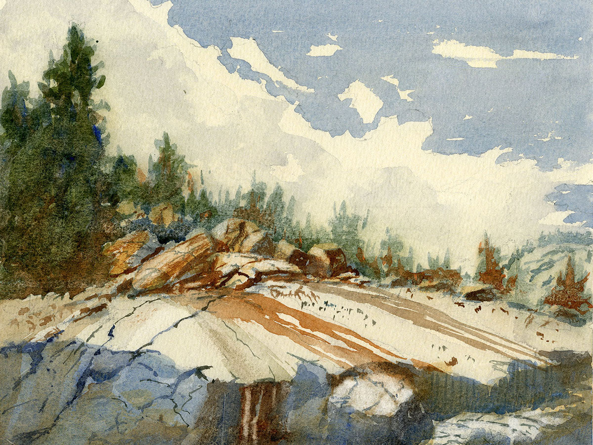 watercolor painting of close up of mountain range with trees in the foreground and distance; natural colors of the stone
