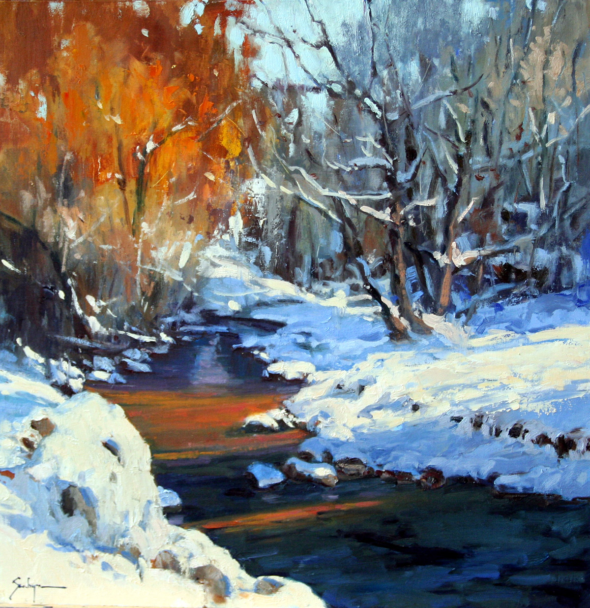 oil painting of winter scene with a river through. Tree on left side still has bright fall colors 