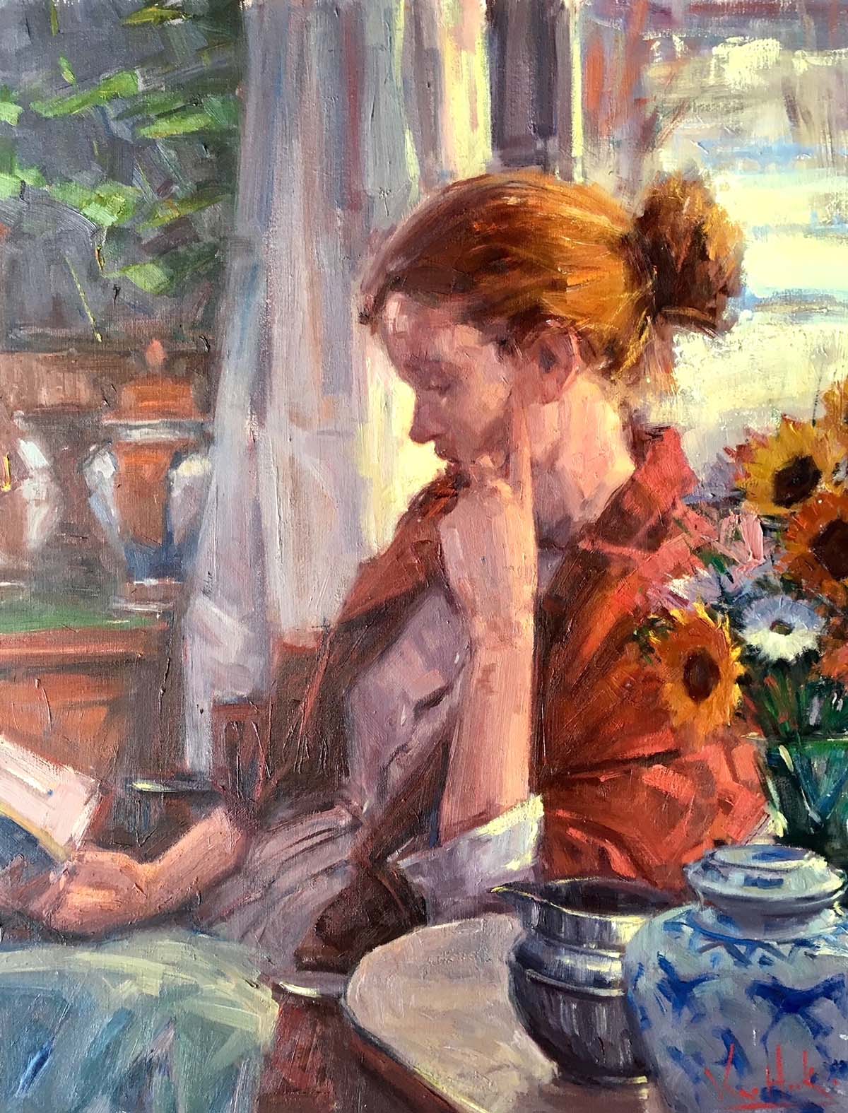 oil painting of woman reading inside, surrounded by light coming through the windows