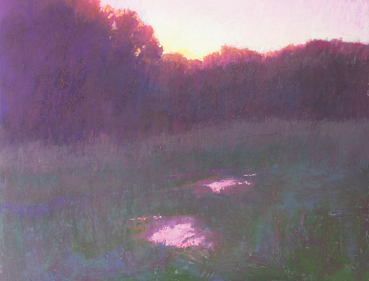 pastel painting of a sunset peaking through the trees-reflecting in the water with trees in the background, water in the foreground