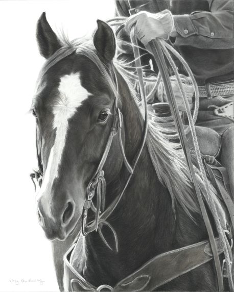Equine art - drawing of a horse Mary Ross Buchholz, “Likin’ His Job,” 2022, Charcoal and graphite on gessoed ACM panel, 20 x 16 in.