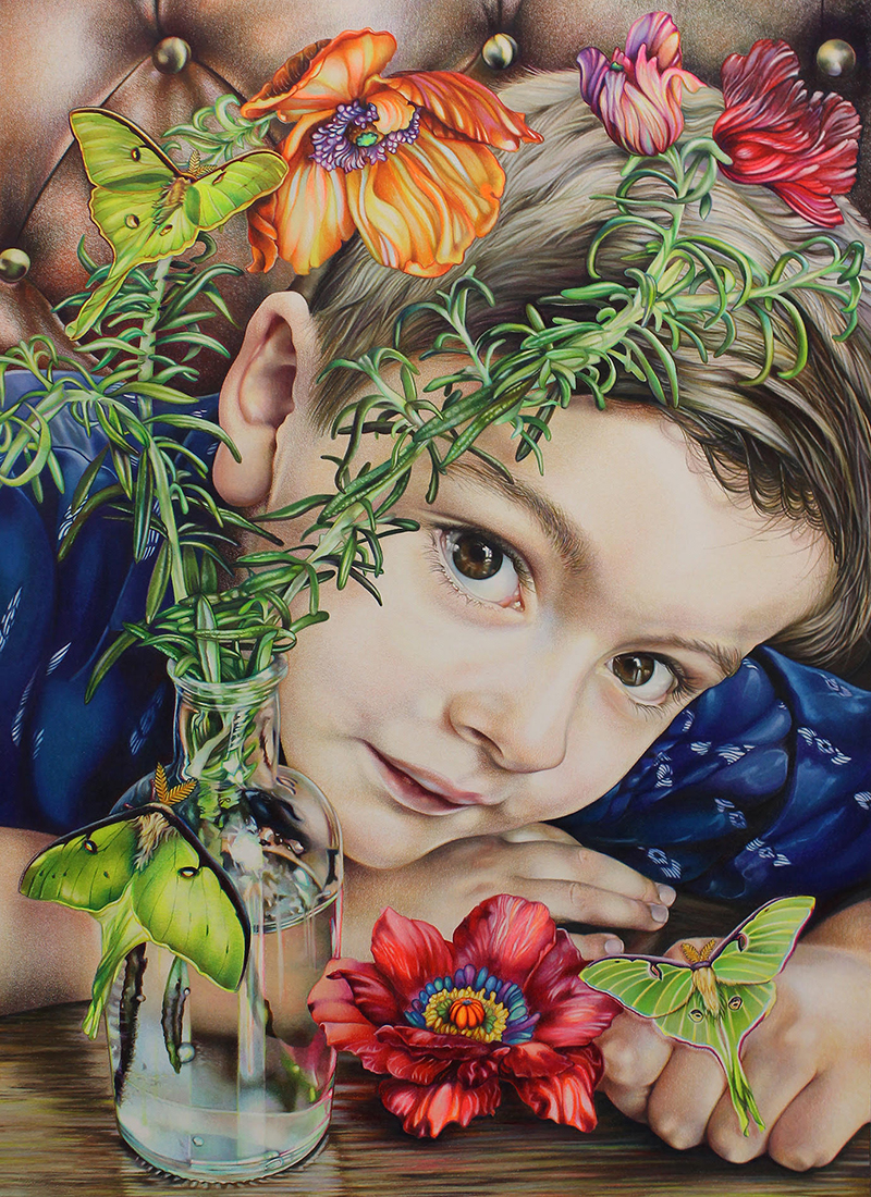 Nancy Jacey, “New Beginnings,” colored pencil on illustration board, 33 x 24 in. 
