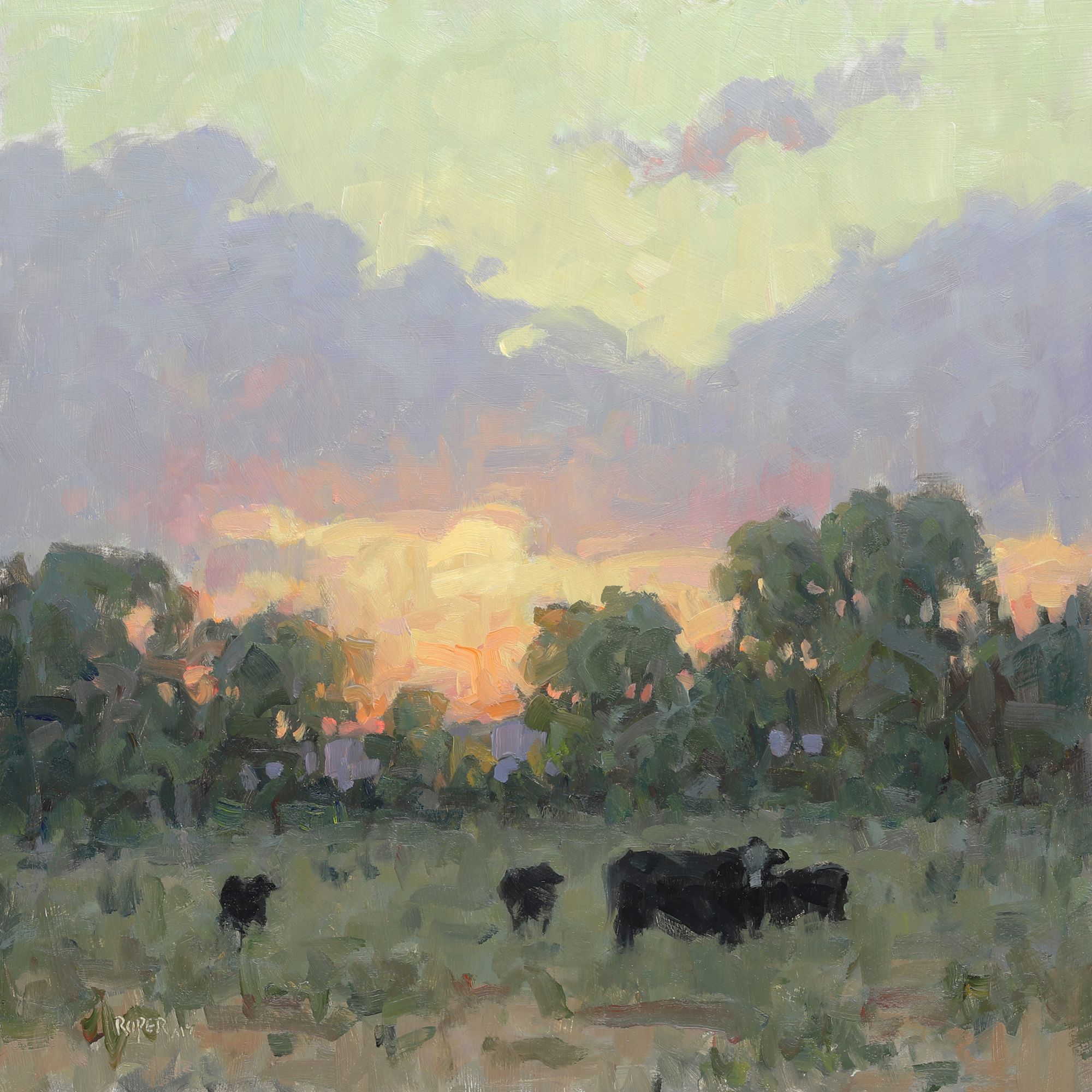 Stuart Roper AIS, Sunset Grazing, Oil on panel, 12 x 12