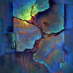 Featured Artwork: Laura Pollak abstract with cracks in the middle, going to the edges, infused with lots of cool hues and some warm toes poking through the middle and the edges