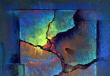 Featured Artwork: Laura Pollak abstract with cracks in the middle, going to the edges, infused with lots of cool hues and some warm toes poking through the middle and the edges
