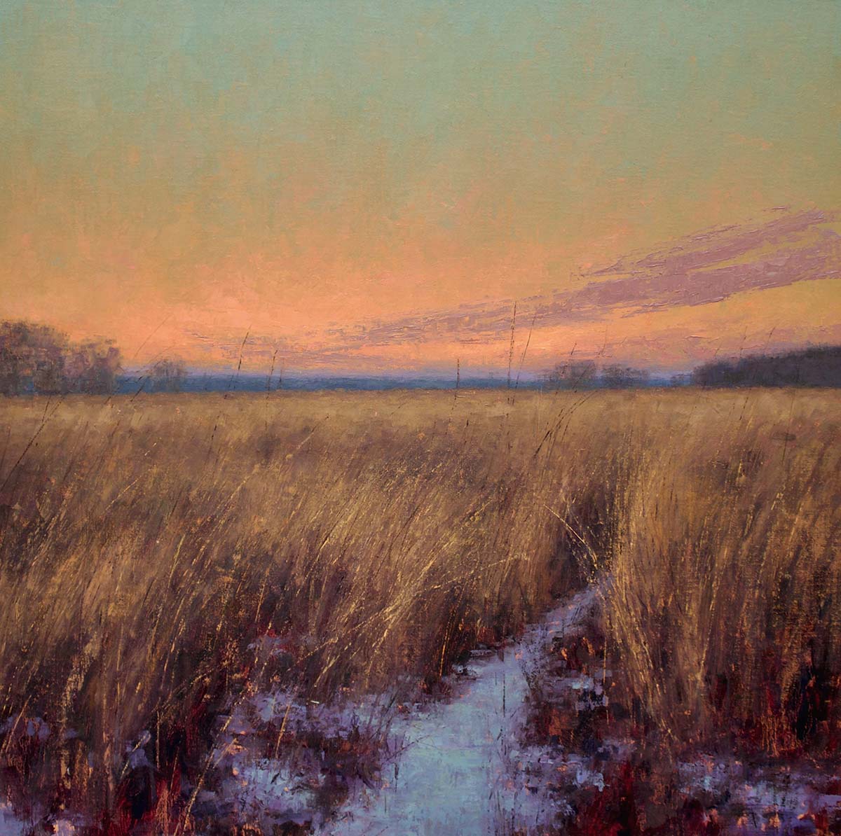 oil painting of sunset over marshlands