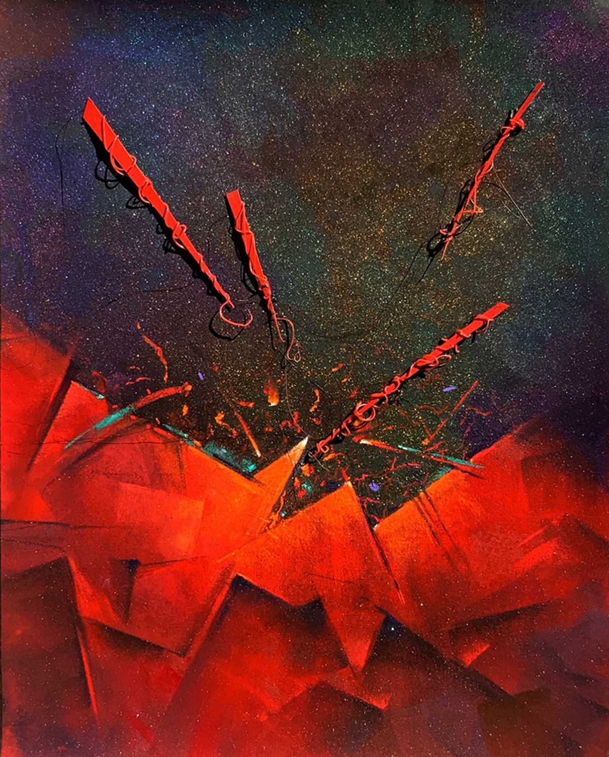 red pastel; dark background; abstract objects breaking 