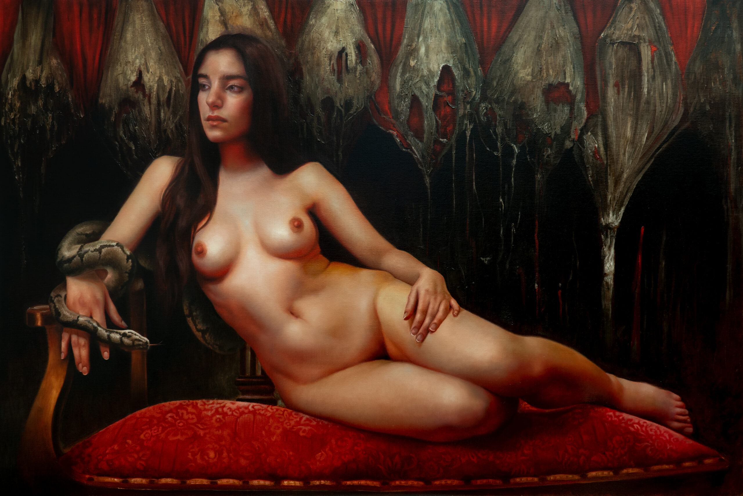 oil painting of nude woman laying down on red pillow; dark background; light shinning off her body