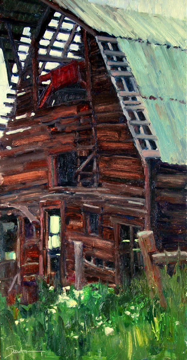oil painting of a close up of an abandoned barn; grass in front