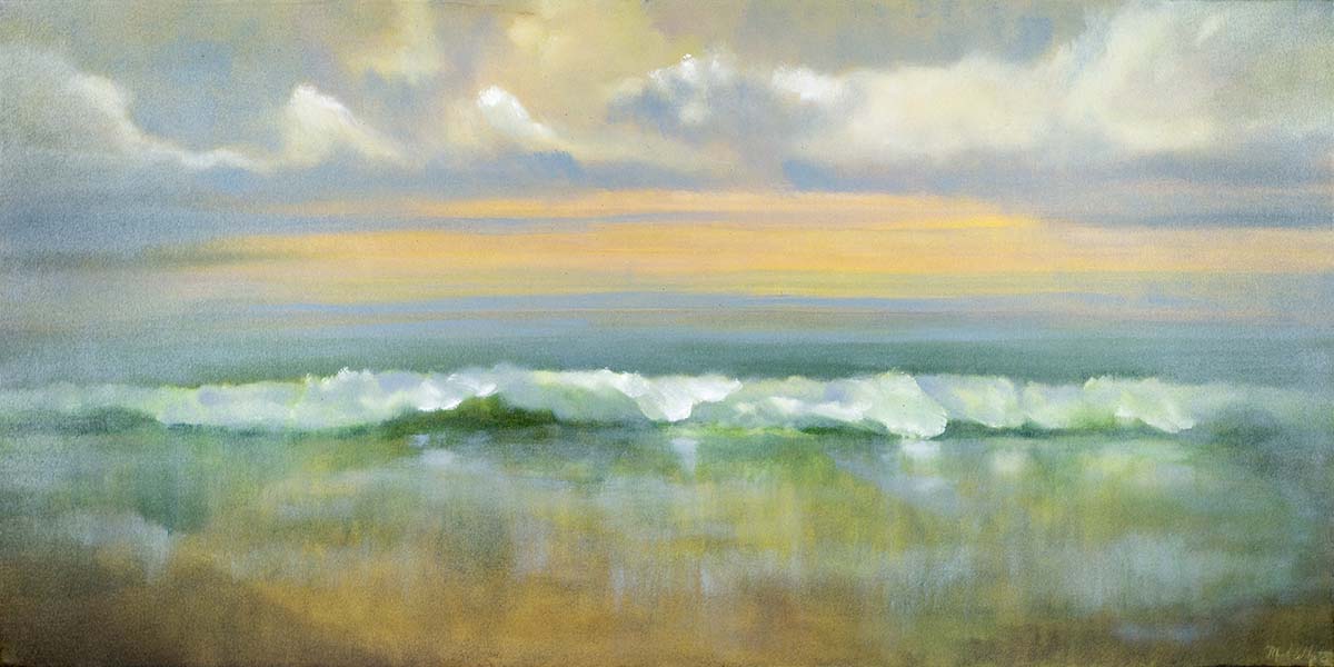 oil painting of waves crashing against shore