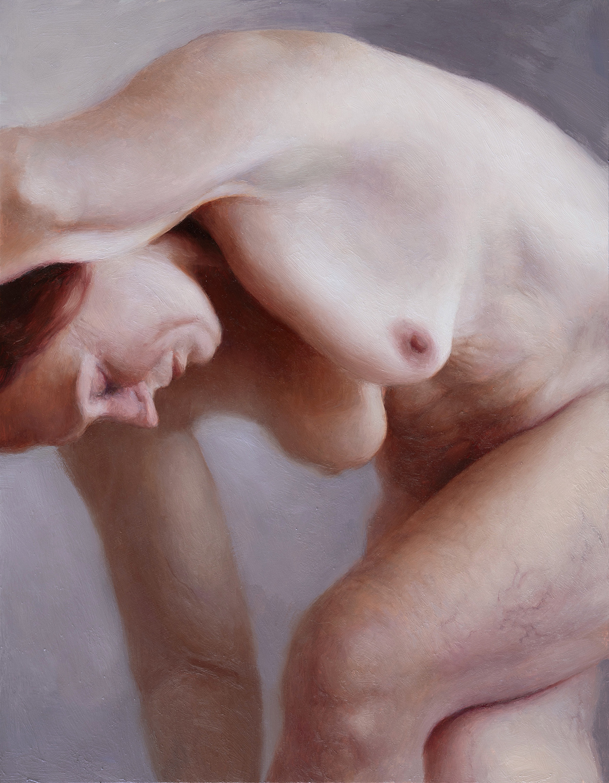 oil painting of a close up of a nude figure, the woman is leaning down-stretching arms out