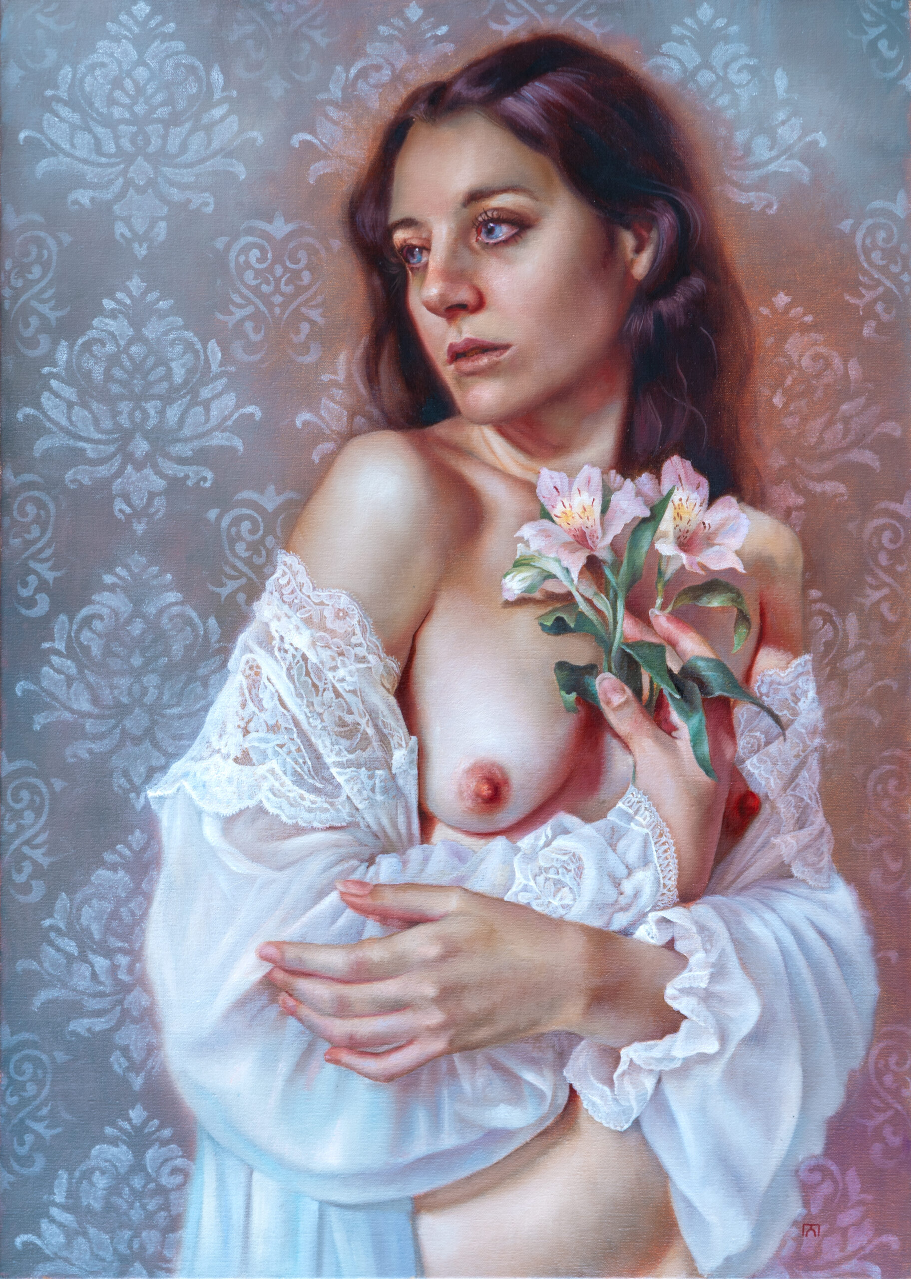 oil painting of woman partially clothed holding flowers close to her chest; looking away from viewer