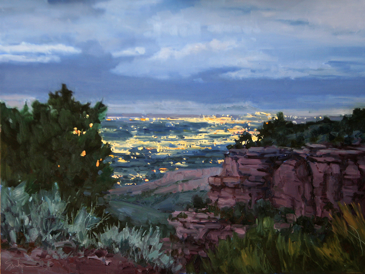 oil painting of a sunset over a landscape with desert terrain framing the canvas; city in the distance