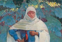 Fictions of French and American Colonialism Ernest Blumenschein (1874–1960), "White Blanket and Blue Spruce," 1922, oil on linen mounted on paperboard, 34 1/8 x 28 1/8 in., collection of Vaughn O. Vennerberg II, Dallas; photo: Sotheby’s