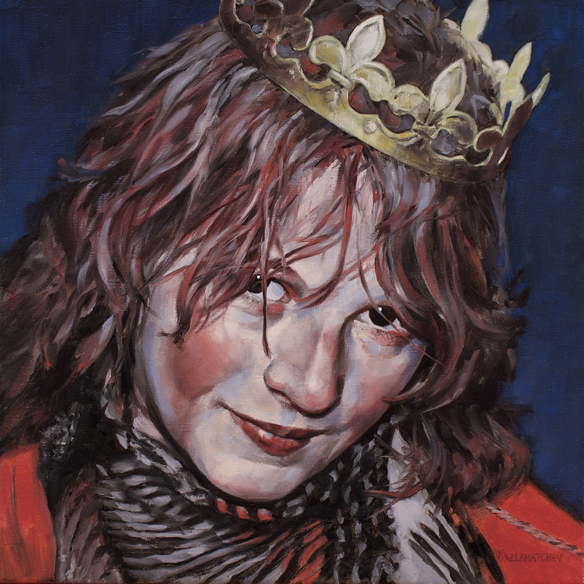 oil painting of tilted headshot; wearing crown, makeup, red hair and red clothes