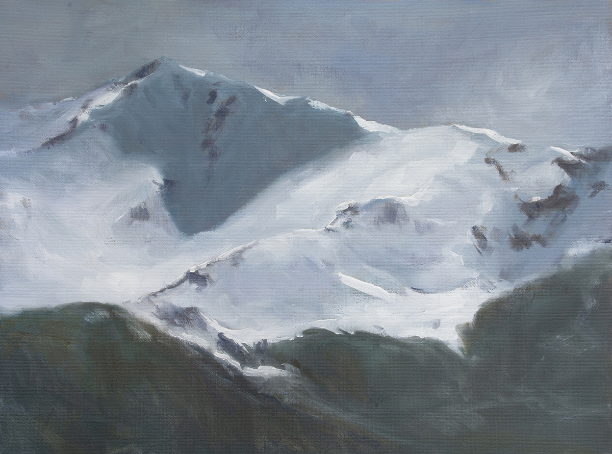 oil painting of snowcapped mountain range; gray tones