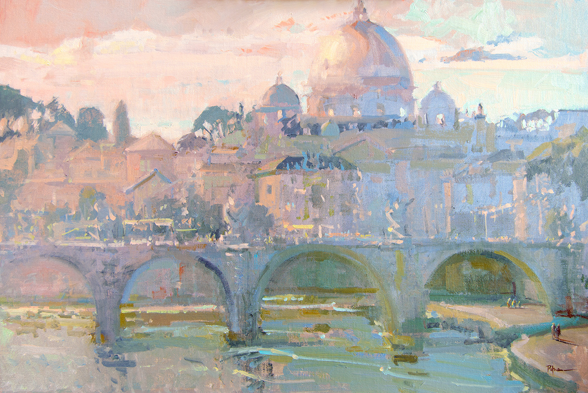 oil painting of city in pastel-like colors; bridge in the foreground, river flowing underneath