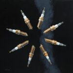 Artist Spotlight: Peter Swift oil painting of plus in a circle; black canvas with a line of smoke in background