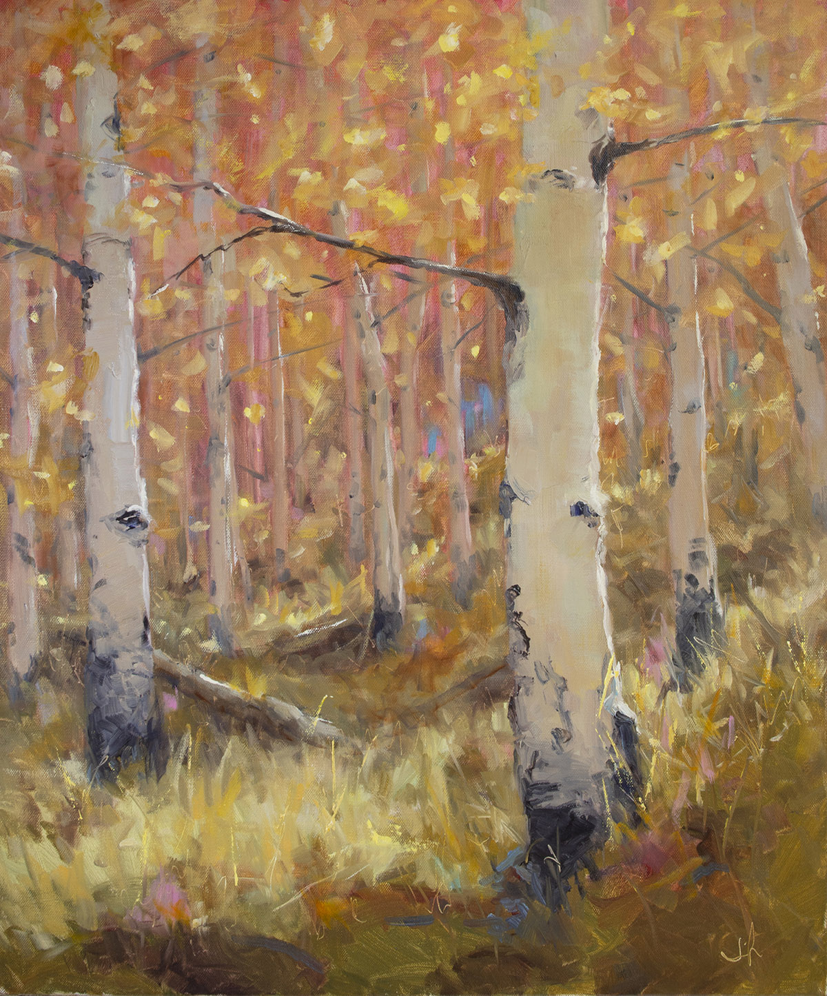 oil painting of landscape of birch trees in fall
