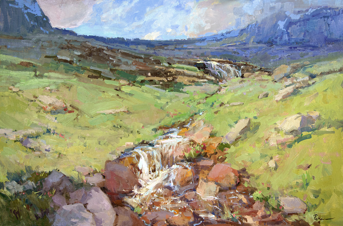 oil painting of closeup of mountain rage; rocks in the foreground; blue sky in background