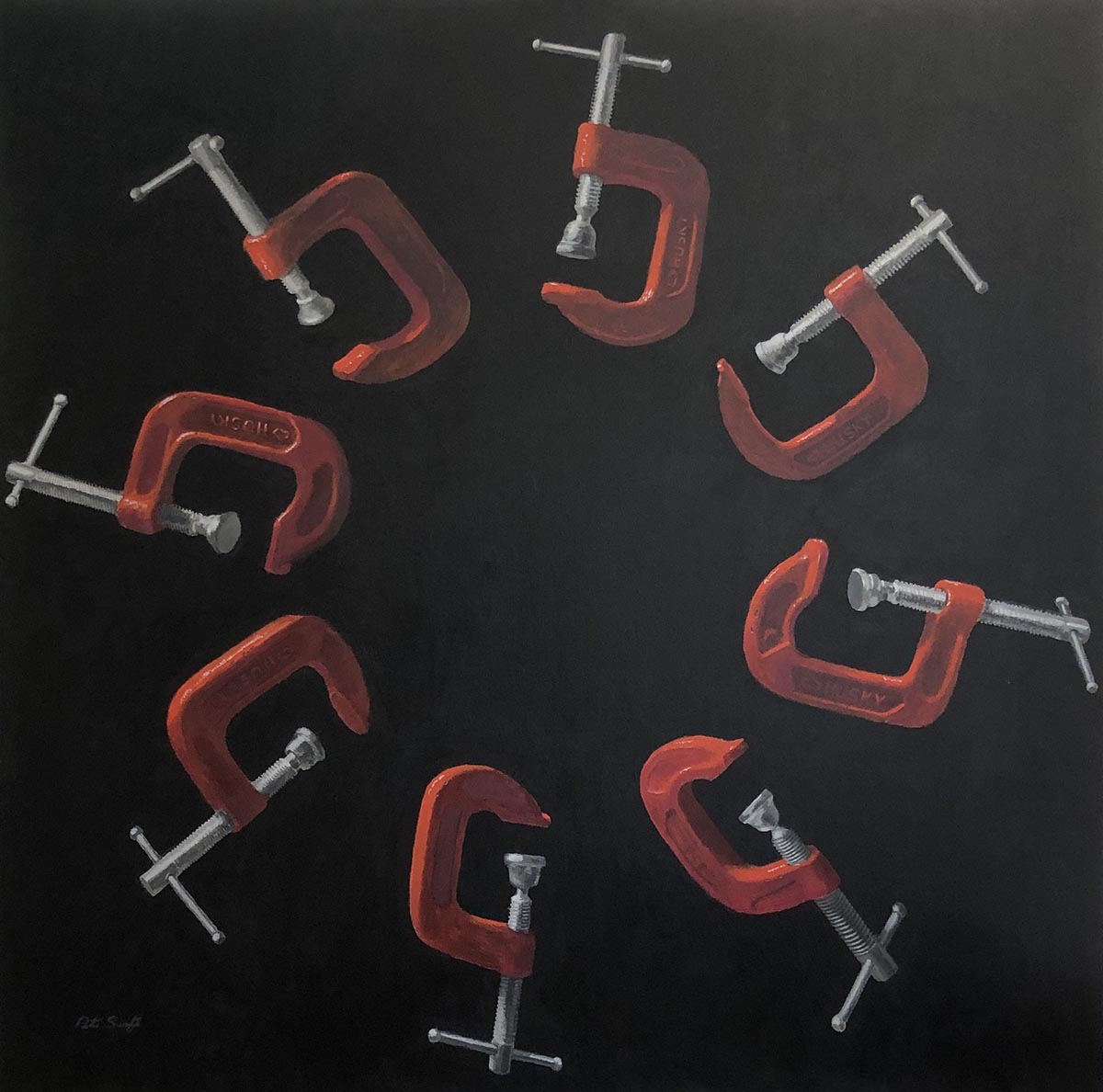 oil painting of clips in a circle; black background
