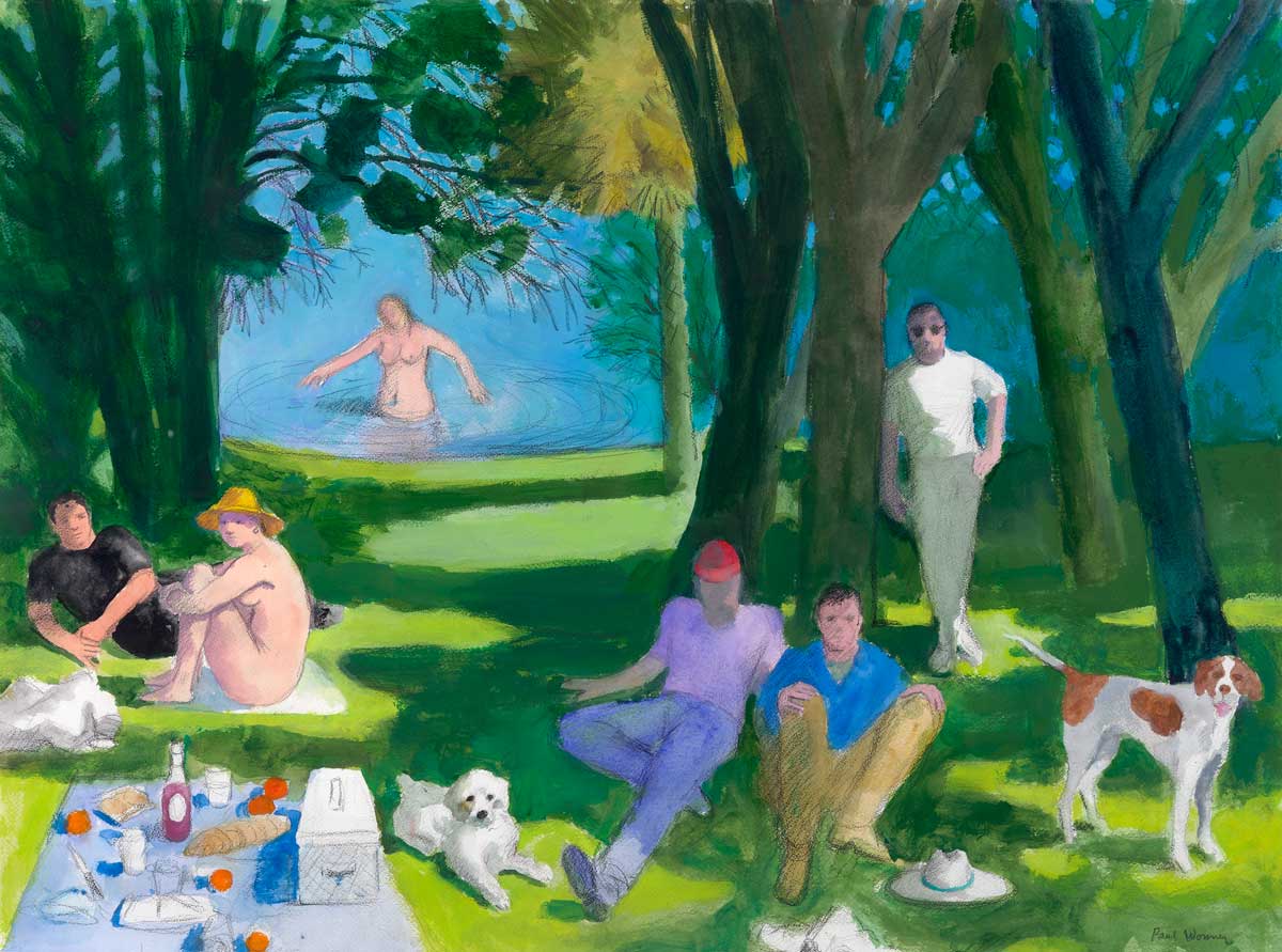 Paul Wonner (American, 1920–2008), "Le Déjeuner sur l'herbe (After Manet)," 2004. Acrylic and pencil on paper, 22 1/2 x 30 in. Crocker Art Museum, Estate of Paul Wonner and William Theophilus Brown, 2019.22.3.