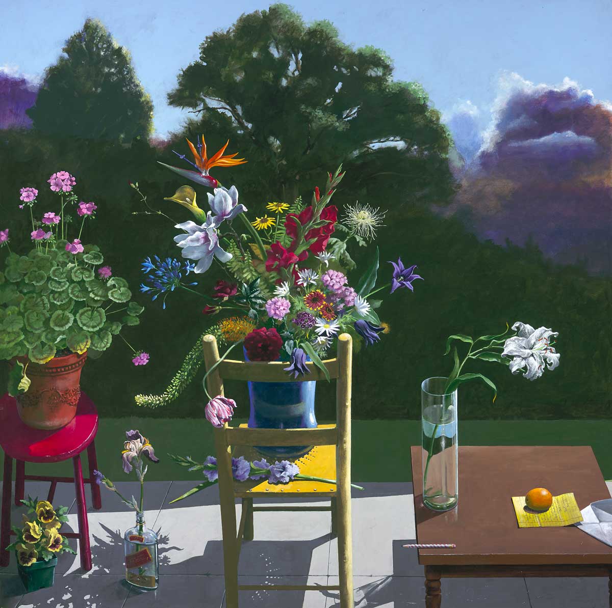 Paul Wonner (American, 1920–2008), Still Life with Flowers and a Note to KMK, 1992. Acrylic on canvas, 72 x 72 in. Collection of Kevin and Sherry Kearney.