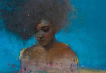 The Space Between Stanka Kordic (b. 1962), "Witness," 2023, oil on cradled birch panel, 24 x 36 in.