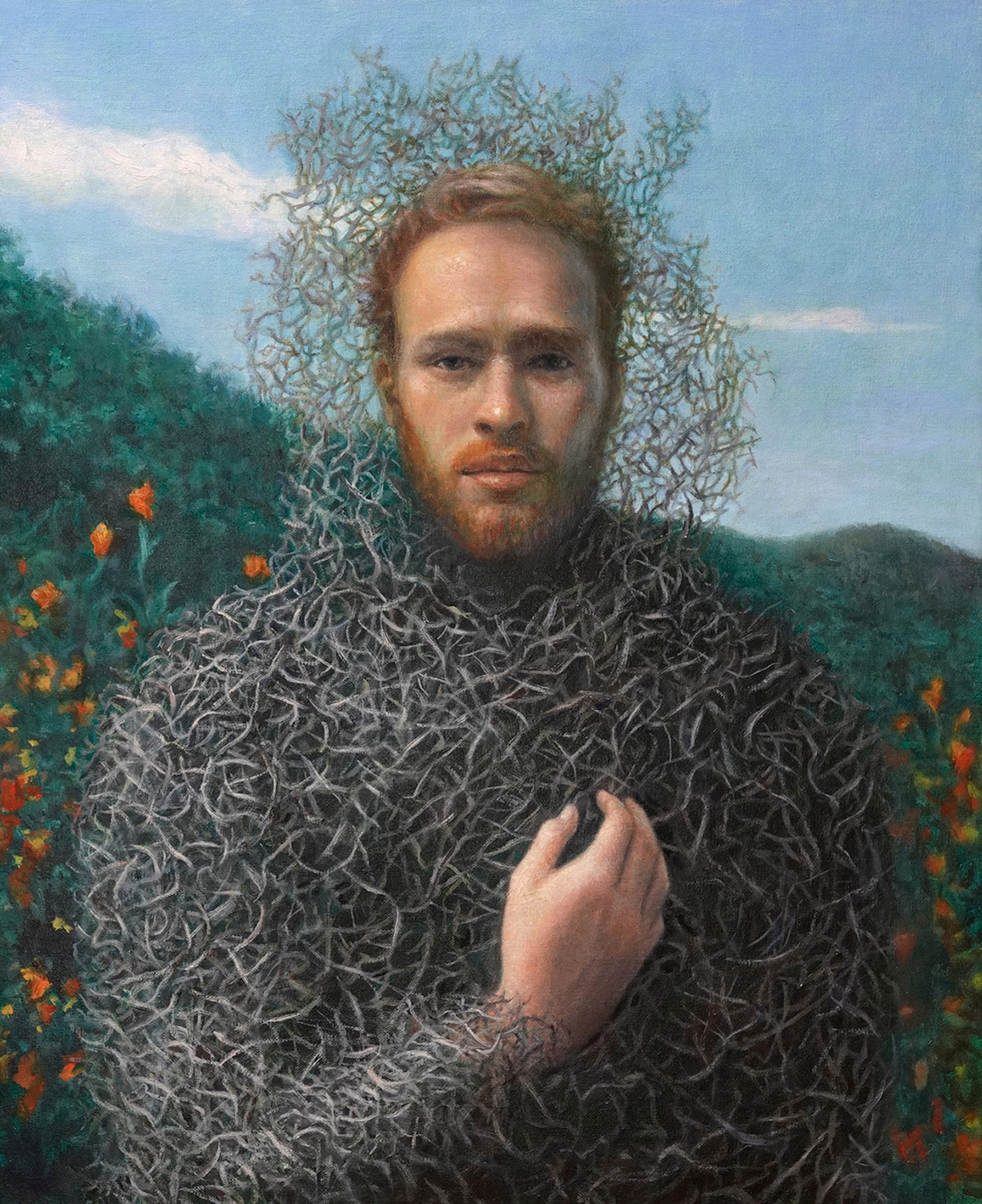 oil painting of a man wrapped in thorns; bush in the background 
