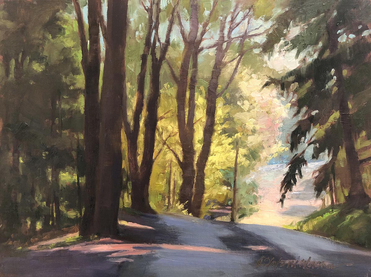 oil painting road surrounded by trees and lighting shining through