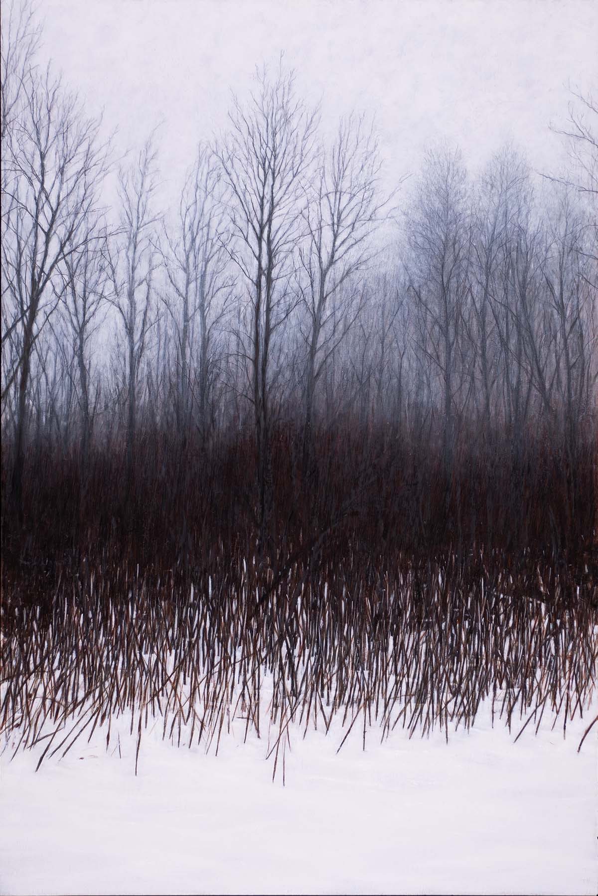 oil painting field covered snow; bare trees in background