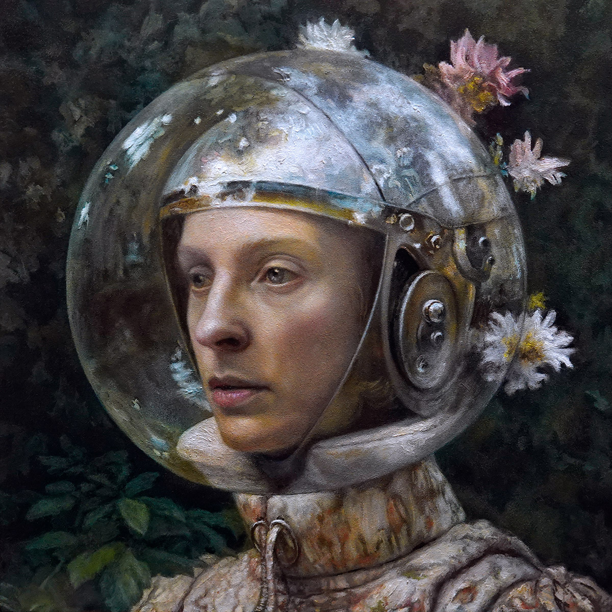 oil painting of a man in a space helmet with flowers surrounding him 
