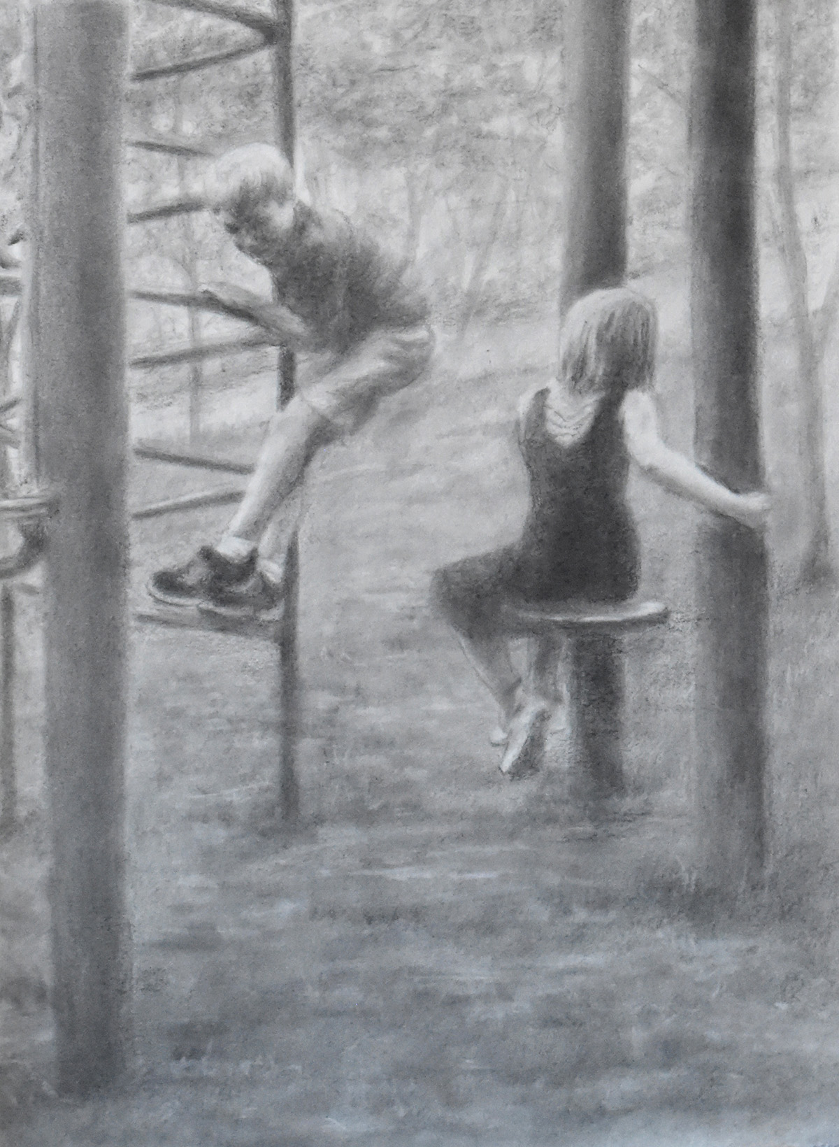 graphite drawing of two children playing at a playground