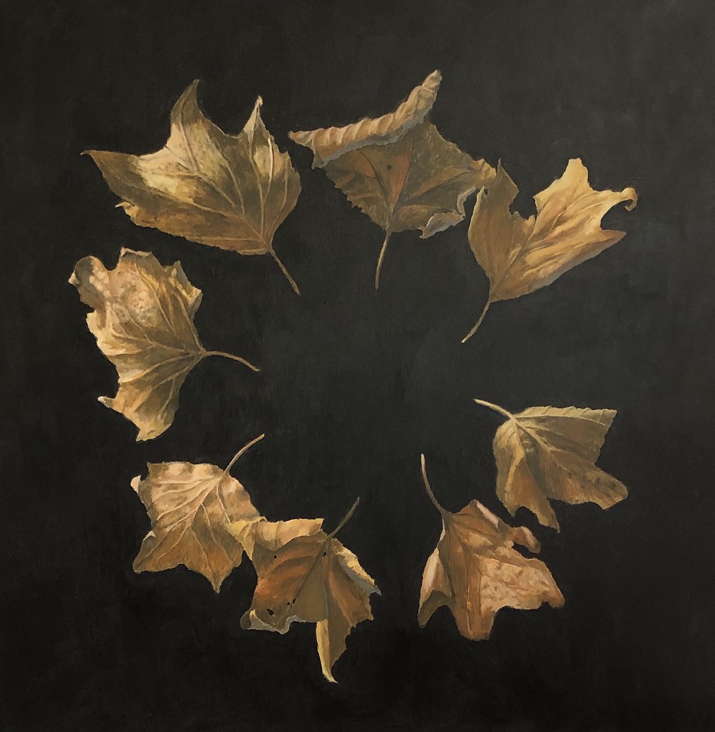 painting of leaves in a circle; black background