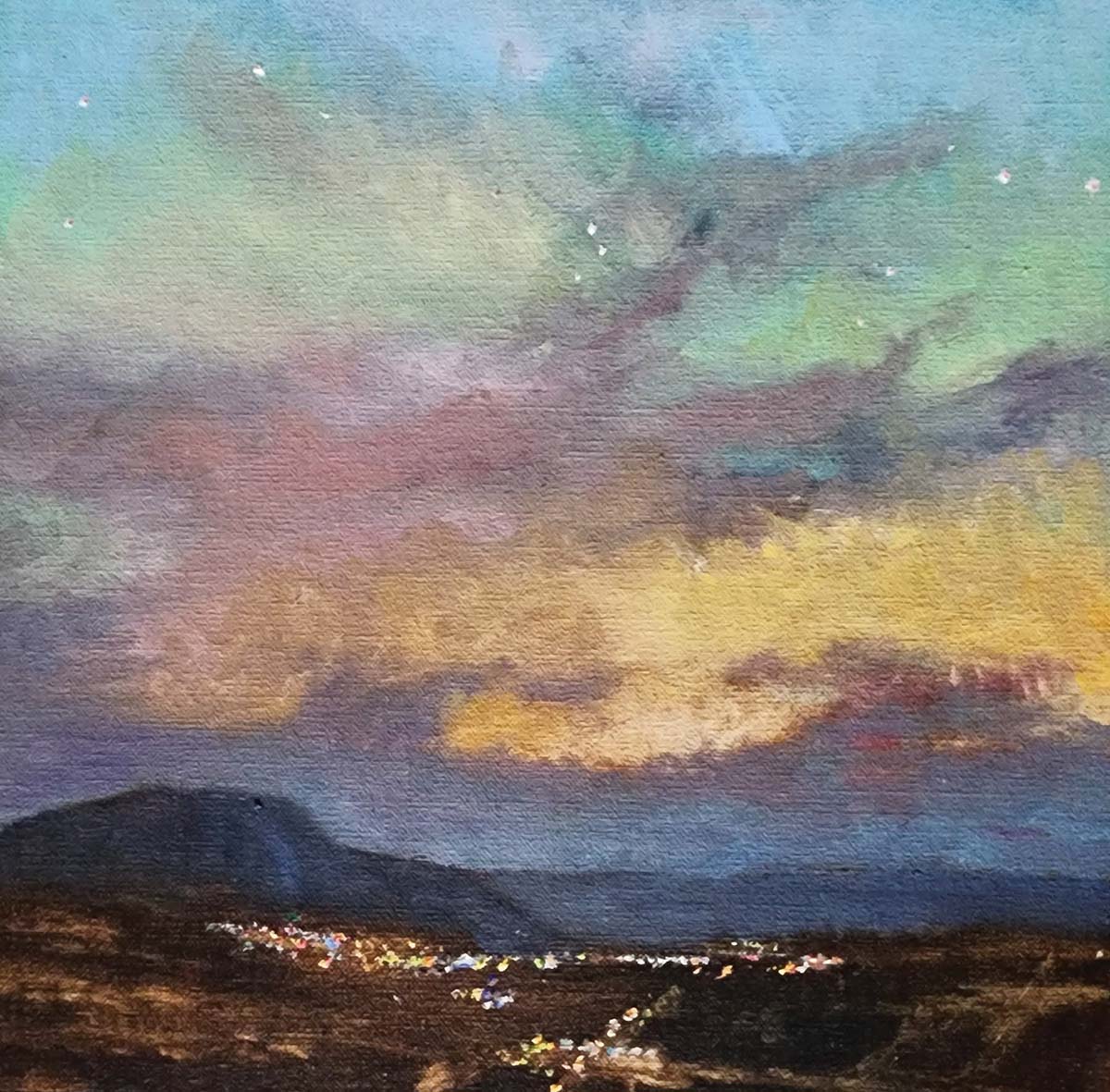 oil painting of sunset over city