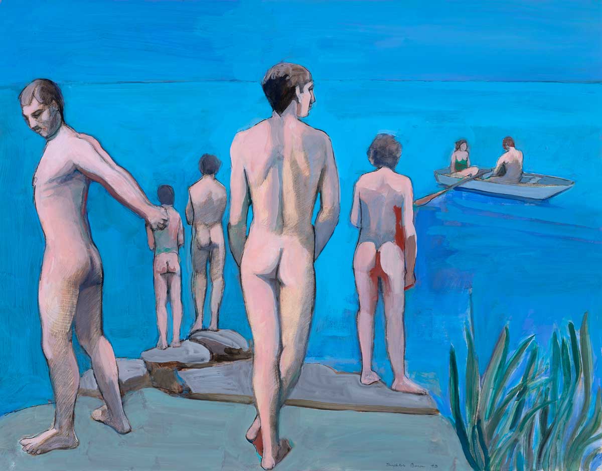 William Theophilus Brown (American, 1919–2012), "Standing Bathers," 1993. Acrylic on paper, 23 x 28 1/2 in. Crocker Art Museum, Estate of Paul Wonner and William Theophilus Brown, 2019.22.7.