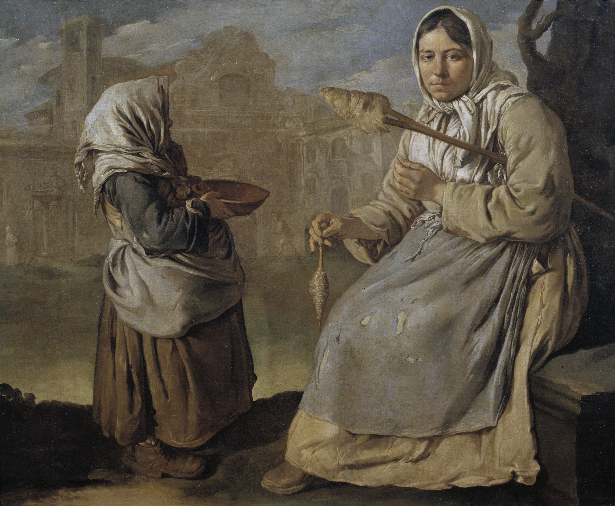Giacomo Ceruti, "Little Beggar Girl and Woman Spinning," about 1730–1734, Oil on canvas, Private collection, Image © Fotostudio Rapuzzi, Brescia, EX.2023.4.12