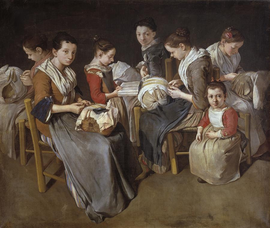 Giacomo Ceruti, "Women Working on Pillow Lace (The Sewing School)," about 1720–1725, Oil on canvas, Private collection, Image © Fotostudio Rapuzzi, Brescia, EX.2023.4.15 
