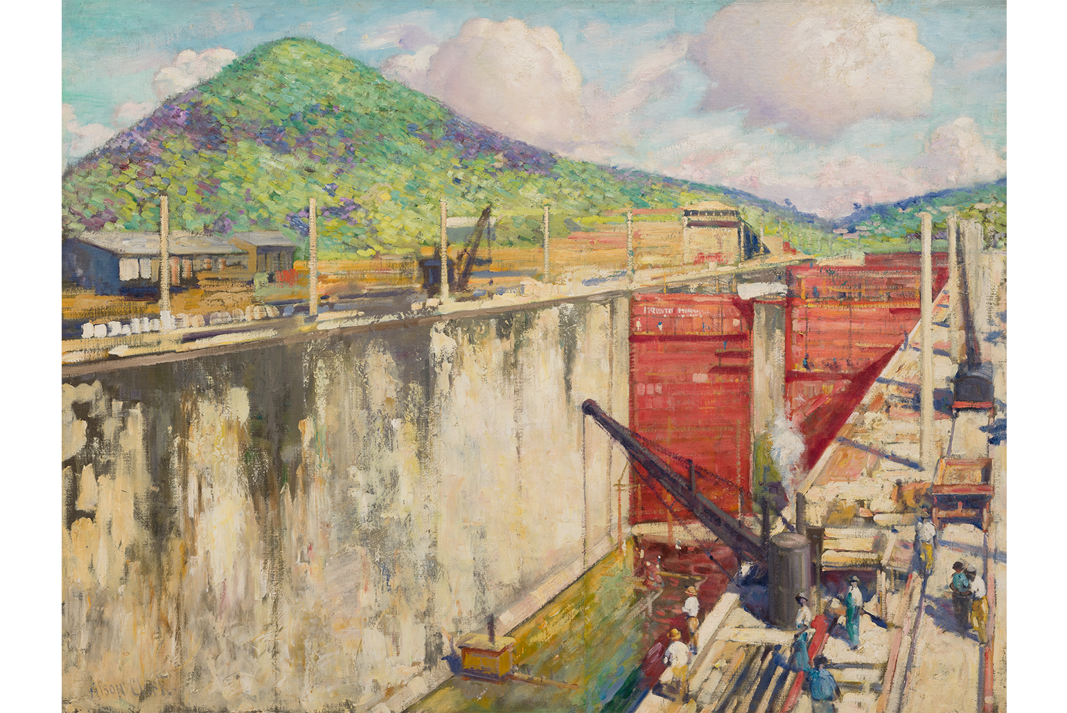 Alson Skinner Clark, "Pedro Miguel Locks," 1913, Oil on canvas, 38 x 50 in. The Buck Collection at UCI Jack and Shanaz Institute and Museum of California Art